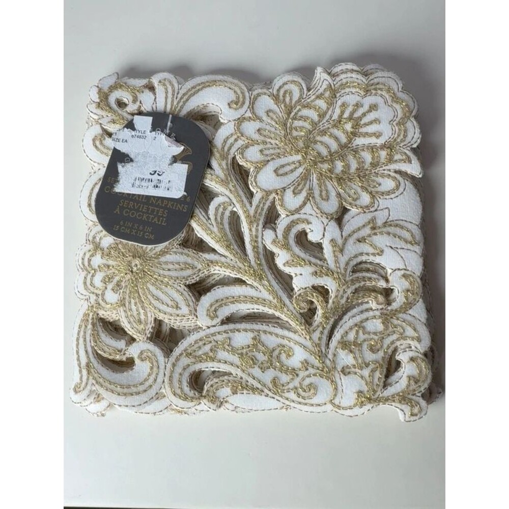Gold & Ivory Embroidered Cocktail Napkins Set of 6 – 6x6